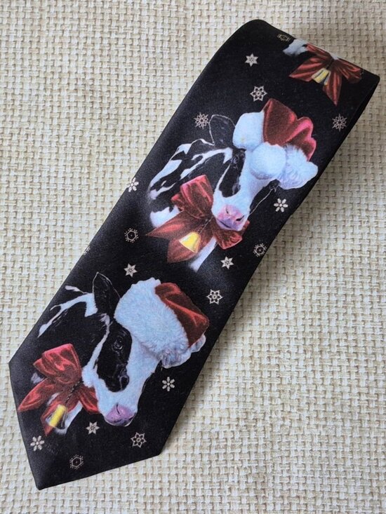 Ralph Marlin Vintage 1992 Novelty Tie Christmas Design Santa Hat Cows Black - Picture 1 of 6